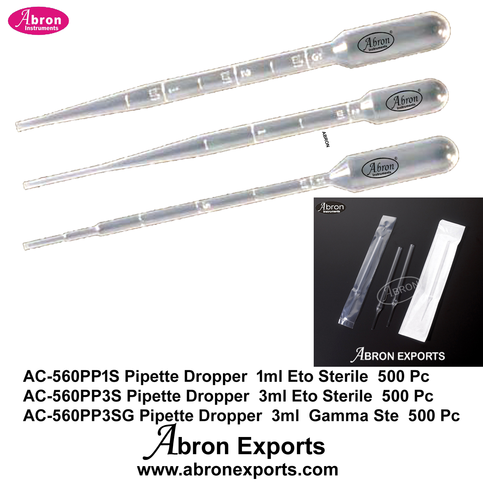 Pasteur pipette plastic 3ml sterile graduated dropper with bulb pp pack of 500 abron AB-560PPD3S